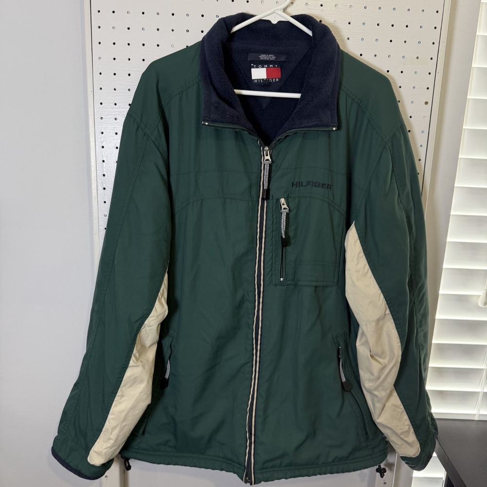 Vintage Tommy Hilfiger Jacket Mens XL Green Ivory Nylon Zip-Up Long Sleeve Lined